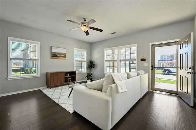 16059 Fontana St Unit 205, Overland Park, KS 66085 - living area featuring baseboards, a ceiling fan, wood finished floors, and visible vents