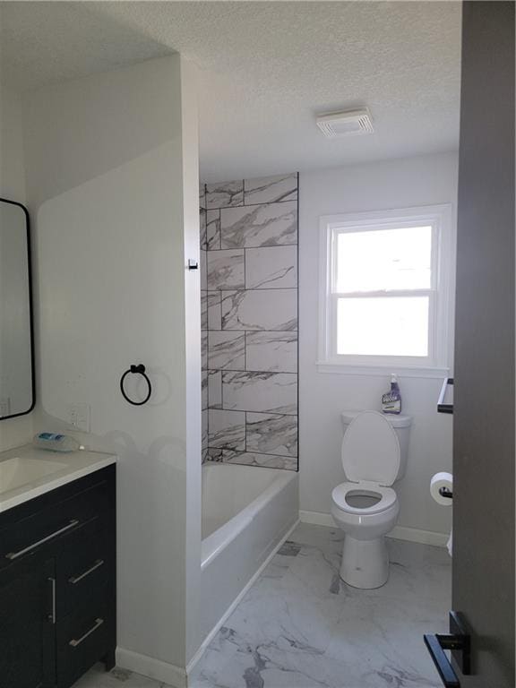 full bathroom featuring visible vents, marble finish floor, toilet, and baseboards