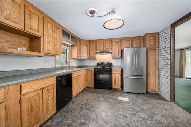 24722 Tonganoxie Dr, Leavenworth, KS 66048 - kitchen with stone floors, open shelves, a sink, black appliances, and under cabinet range hood