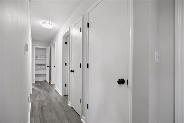 hallway with a textured ceiling and wood finished floors