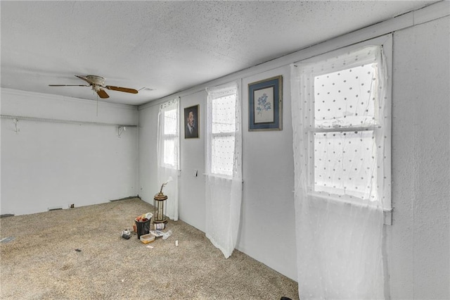 carpeted entryway with a ceiling fan and a textured ceiling