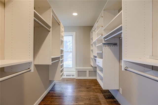 walk in closet with visible vents and dark wood finished floors