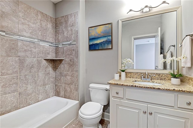 full bathroom with toilet, shower / bath combination, baseboards, and vanity