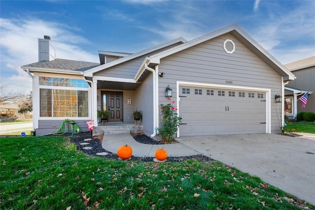 ranch-style house with concrete driveway, a front lawn, a chimney, and an attached garage