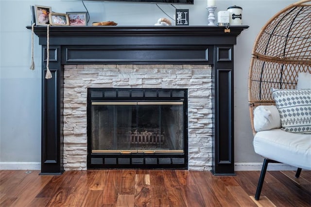 room details featuring baseboards, wood finished floors, and a stone fireplace