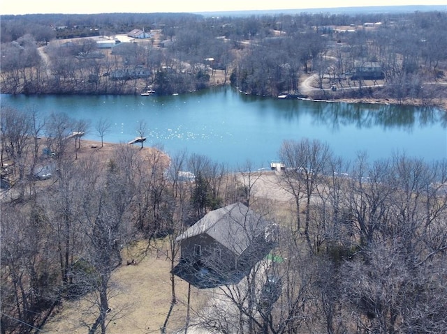 birds eye view of property featuring a wooded view and a water view