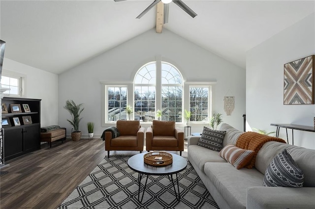 living room with vaulted ceiling with beams, dark wood-style floors, baseboards, and a ceiling fan