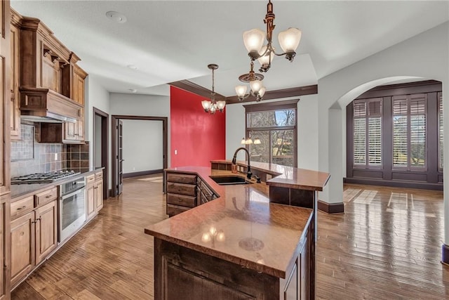 kitchen with tasteful backsplash, appliances with stainless steel finishes, a sink, and wood finished floors