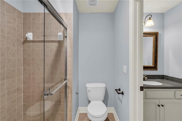 bathroom featuring toilet, a stall shower, vanity, and visible vents