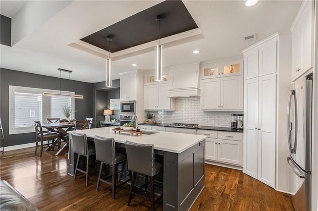 4510 NW 70th Ter, Kansas City, MO 64151 - kitchen with a raised ceiling, premium range hood, dark wood-type flooring, and stainless steel appliances