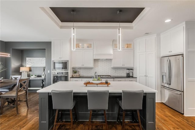 4510 NW 70th Ter, Kansas City, MO 64151 - kitchen with a tray ceiling, dark wood-style floors, and appliances with stainless steel finishes