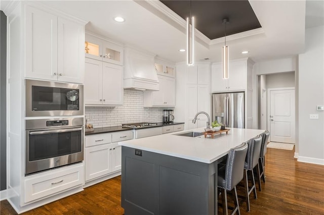 4510 NW 70th Ter, Kansas City, MO 64151 - kitchen with dark wood finished floors, custom range hood, a tray ceiling, stainless steel appliances, and a sink