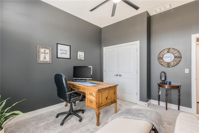 4510 NW 70th Ter, Kansas City, MO 64151 - office area with baseboards, a ceiling fan, visible vents, and light carpet