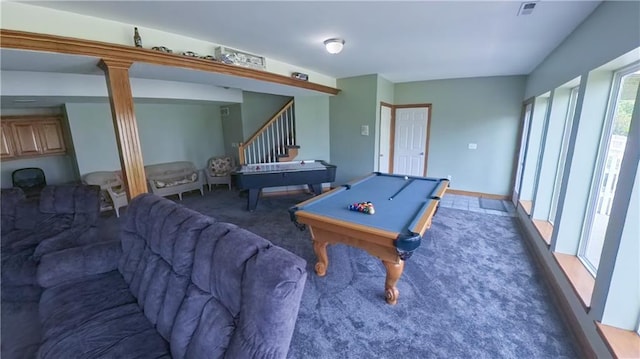 rec room featuring carpet, visible vents, baseboards, and pool table