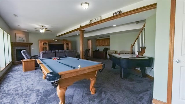 playroom featuring billiards, visible vents, a ceiling fan, carpet, and a fireplace