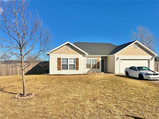 ranch-style house with a front lawn, fence, and an attached garage