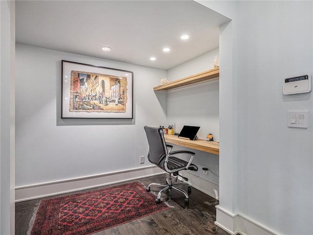 office featuring recessed lighting, baseboards, and wood finished floors