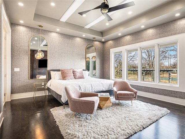 bedroom featuring wallpapered walls, baseboards, wood finished floors, and recessed lighting