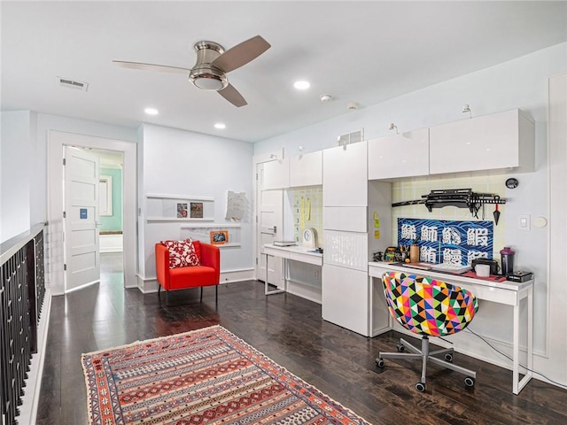 office area featuring dark wood-style floors, visible vents, a ceiling fan, and recessed lighting