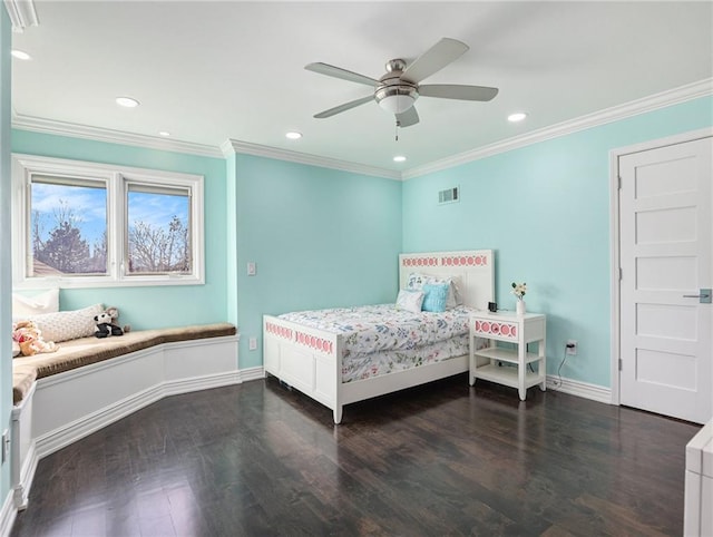 bedroom with dark wood-style flooring, recessed lighting, visible vents, ornamental molding, and baseboards