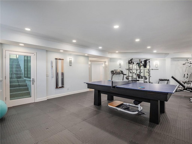 playroom with ornamental molding, recessed lighting, and baseboards