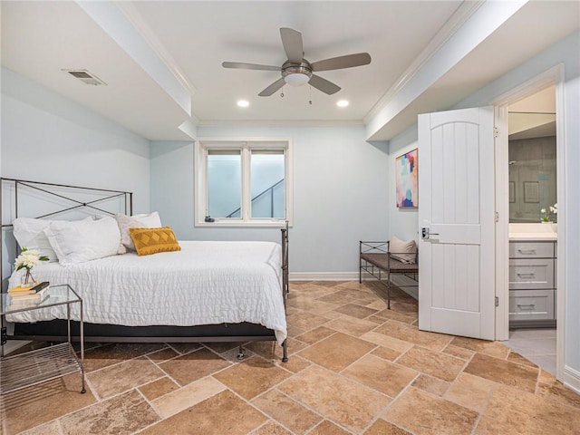 bedroom featuring stone tile flooring, baseboards, visible vents, and crown molding