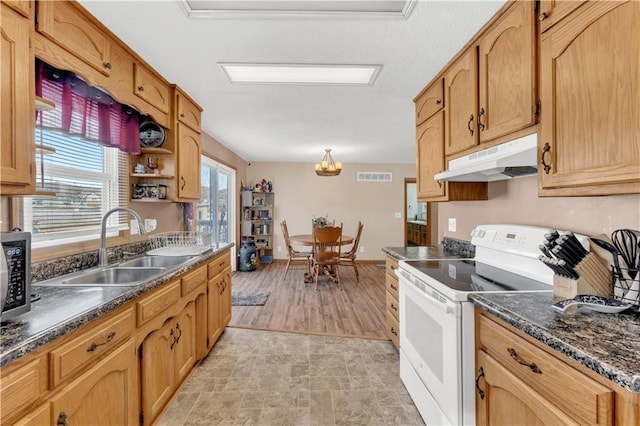 kitchen featuring white electric range oven, visible vents, stainless steel microwave, a sink, and under cabinet range hood