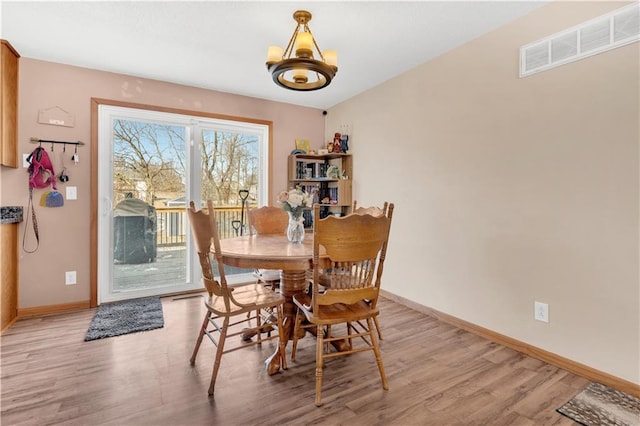 dining space featuring light wood-type flooring, baseboards, and visible vents