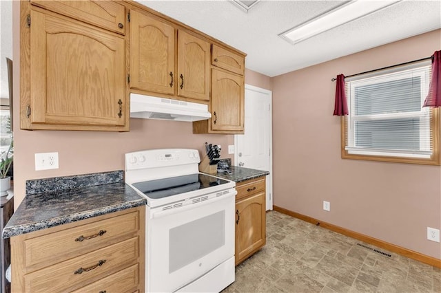 kitchen with under cabinet range hood, visible vents, baseboards, dark countertops, and white electric range oven