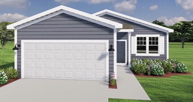 view of front of home featuring a garage, a front lawn, and concrete driveway