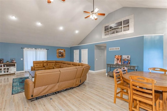 5990 Z Hwy, Edgerton, MO 64444 - living room featuring a ceiling fan, wood finished floors, baseboards, high vaulted ceiling, and recessed lighting