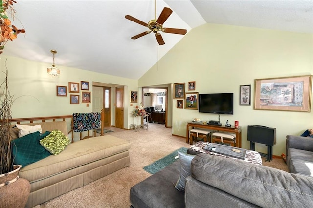 carpeted living room featuring high vaulted ceiling, baseboards, and a ceiling fan