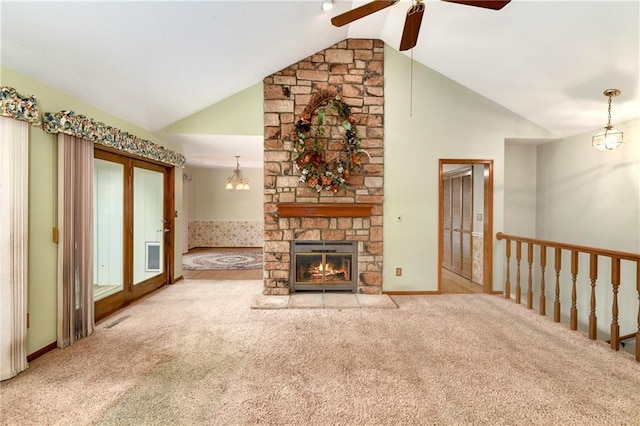 3824 SW Windemere Dr, Lees Summit, MO 64082 - unfurnished living room with carpet floors, ceiling fan, a fireplace, and high vaulted ceiling