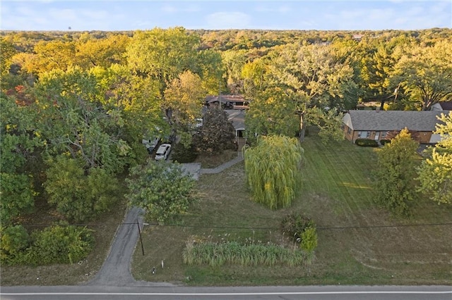 birds eye view of property featuring a forest view