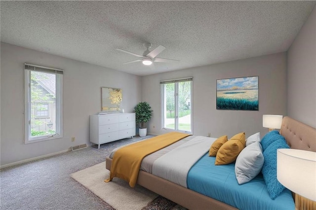 12016 Ballentine St, Overland Park, KS 66213 - carpeted bedroom with multiple windows, a textured ceiling, a ceiling fan, and baseboards