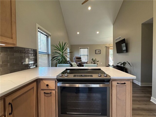 kitchen featuring a peninsula, stainless steel electric range, dark wood-style flooring, decorative backsplash, and open floor plan