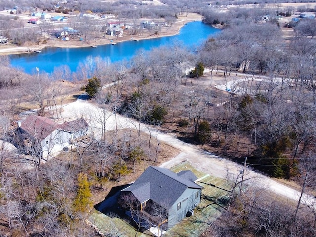 bird's eye view with a water view