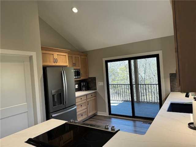 kitchen featuring a sink, stainless steel appliances, light stone countertops, dark wood-style flooring, and vaulted ceiling