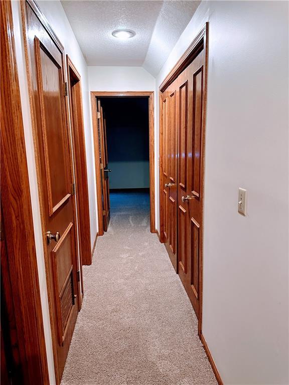 hallway with light carpet, baseboards, a textured ceiling, and lofted ceiling