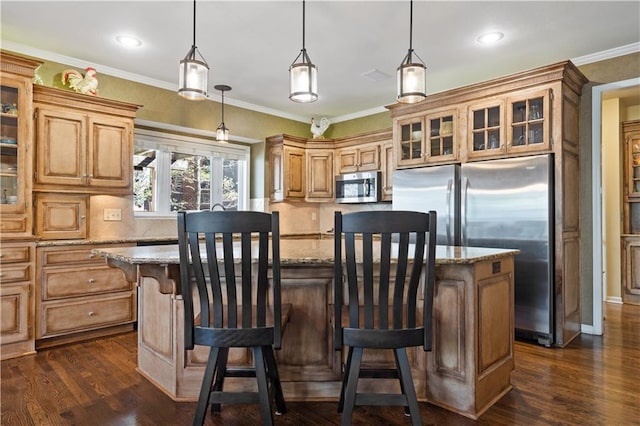 kitchen featuring stainless steel appliances, dark wood-style flooring, ornamental molding, and backsplash