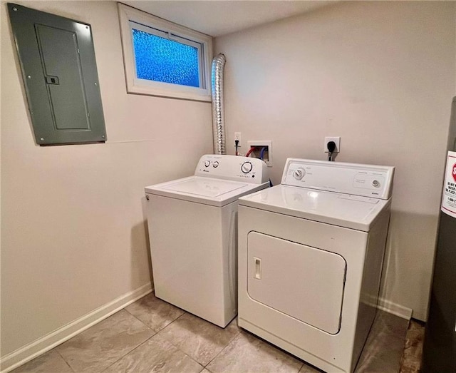 laundry room featuring laundry area, washing machine and dryer, electric panel, and baseboards