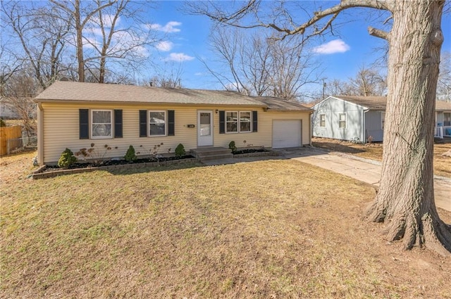 ranch-style house with a front lawn, driveway, an attached garage, and fence