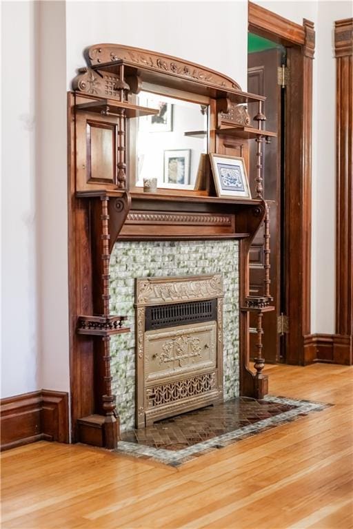 room details featuring a wainscoted wall, a fireplace, and wood finished floors