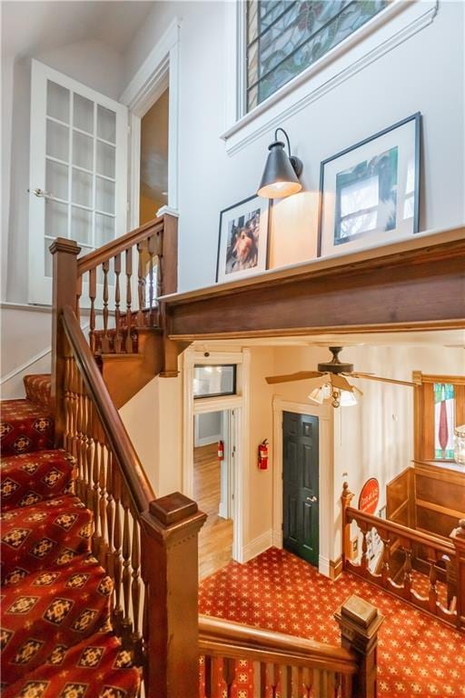 staircase with carpet floors, ceiling fan, and baseboards