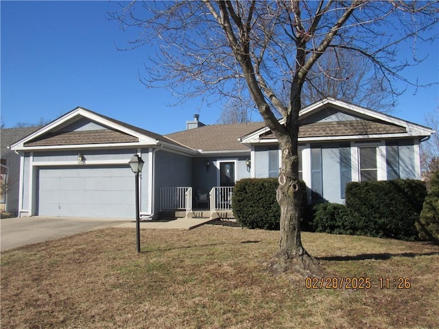 single story home with a garage, a front yard, concrete driveway, and a chimney