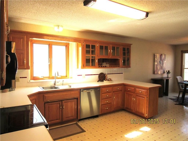 kitchen featuring a wealth of natural light, electric range oven, stainless steel dishwasher, a sink, and a peninsula