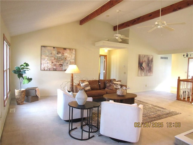 living room featuring high vaulted ceiling, carpet flooring, beamed ceiling, and visible vents