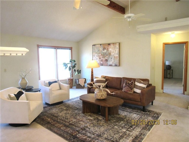 living area featuring lofted ceiling with beams, ceiling fan, and carpet floors