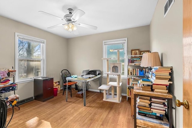 office space with a ceiling fan, visible vents, wood finished floors, and baseboards