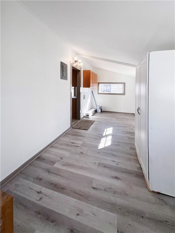 spare room with lofted ceiling, baseboards, and wood finished floors